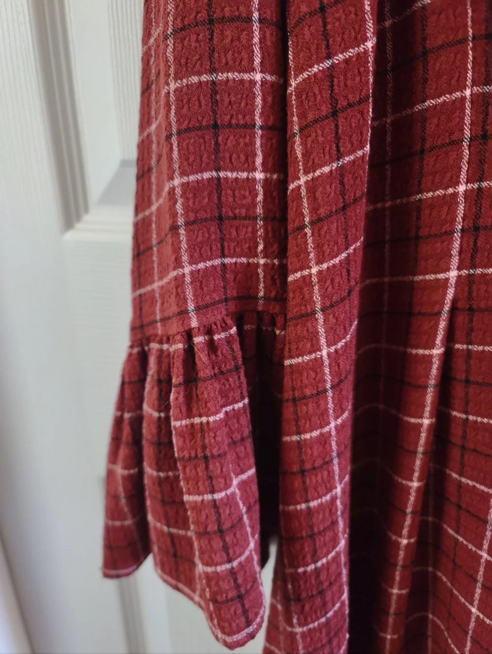TORRID SIZE 1 / 1X Brown Plaid Gauze Long Bell Sleeve Mini Shirt Dress, Buttons - Picture 5 of 8
